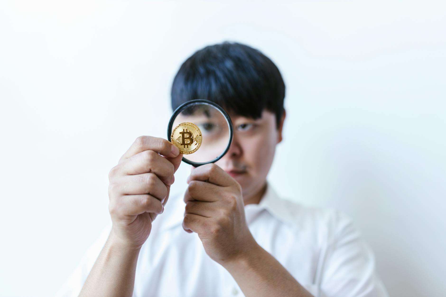 Woman looking suspiciously at a glowing red lock icon representing a crypto scam.